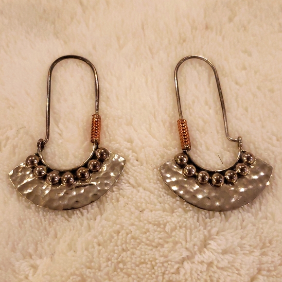 Jewelry - Hammered Mexico Sterling Silver Circle Moon Crescent Drop Hoop Earrings, 2" long